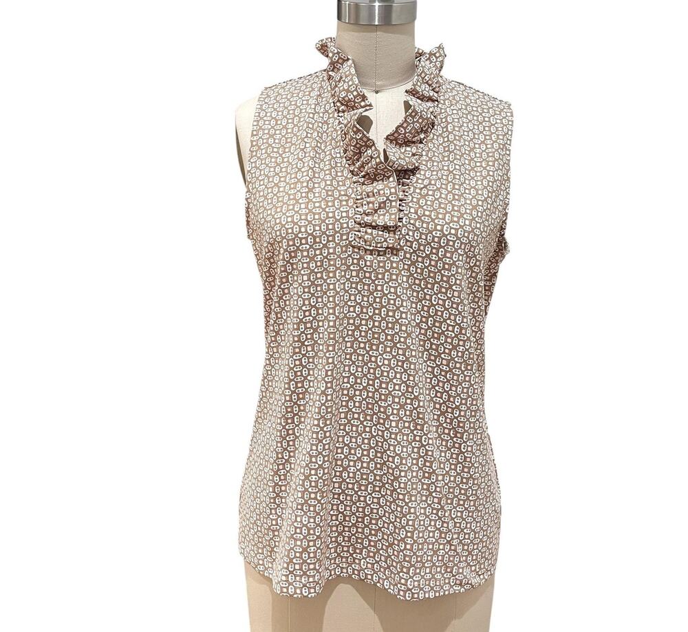 J McLaughlin Blouse Womens Medium Brown Geometric Ruffle V Neck Sleeveless